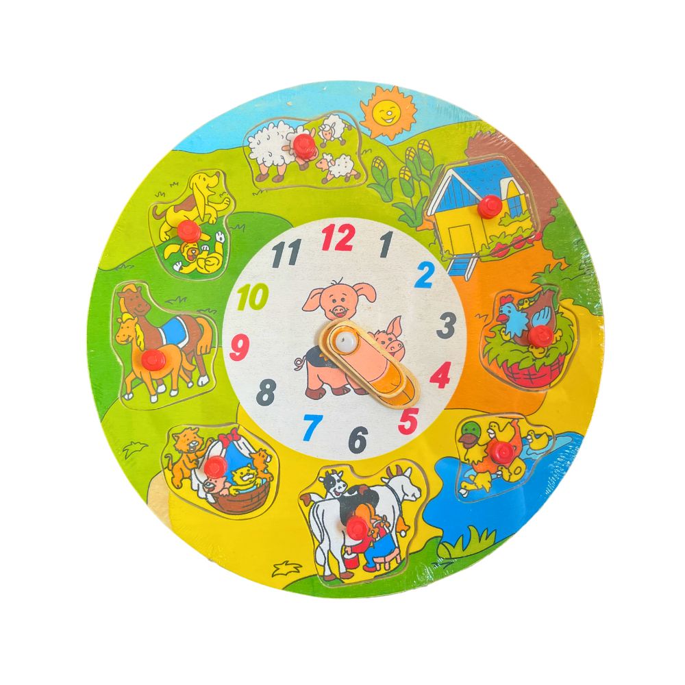 Playwood Wooden Learning Clock with Puzzle – Countryside Design – 22 cm
