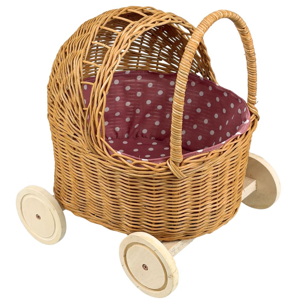 Retro doll’s pram – Rattan – ‘ 31x27x39 cm ’ – brown with upholstery