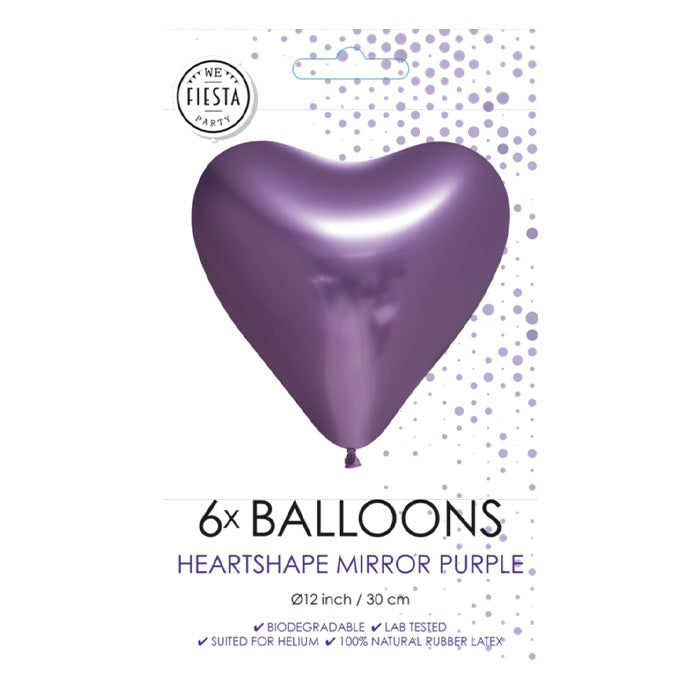 Fiësta - Ballonnen - 6st - hartvormige spiegel paars - Ø30cm