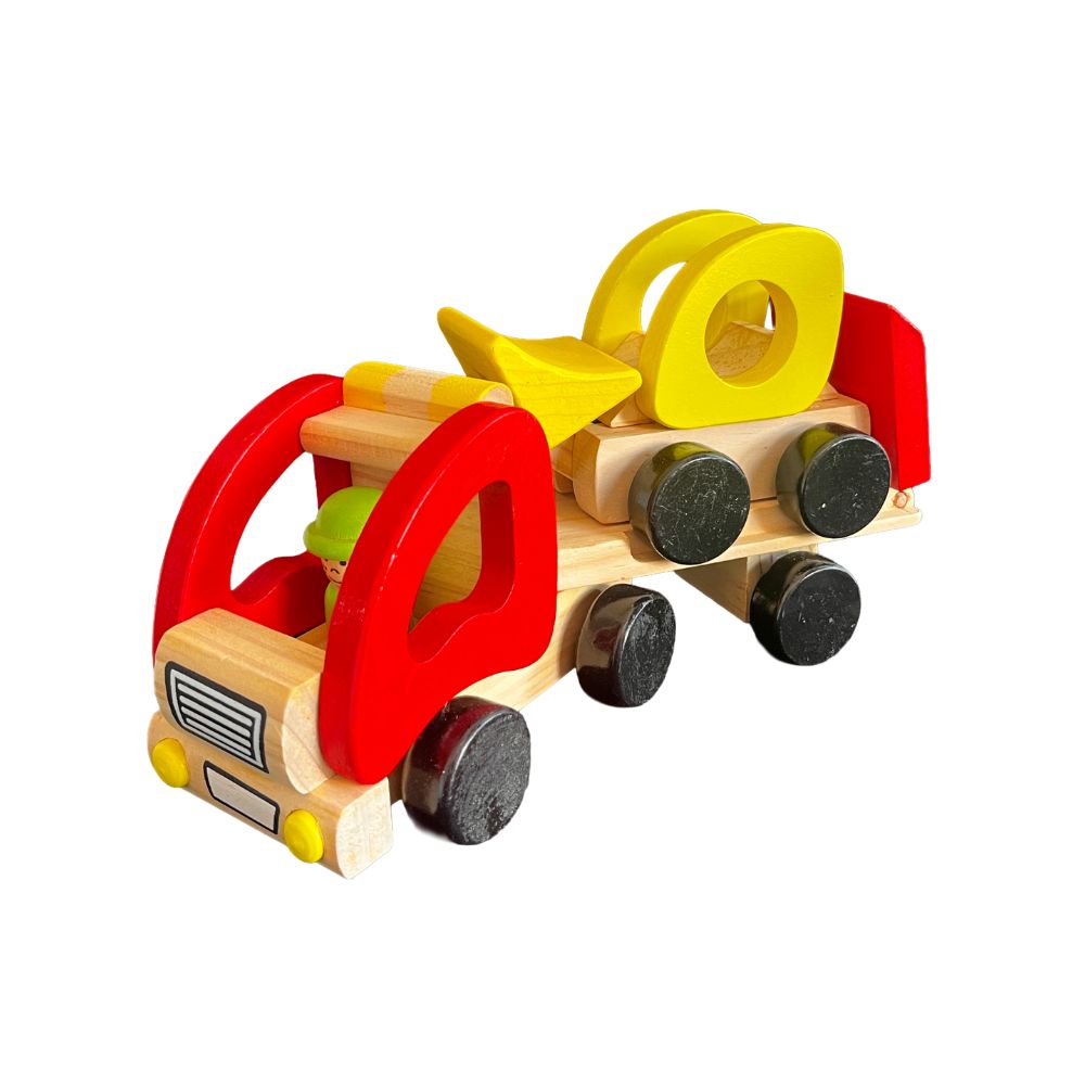 Holz-Lkw mit Anhänger + Schaufelbagger – 26 x 9 x 12 cm