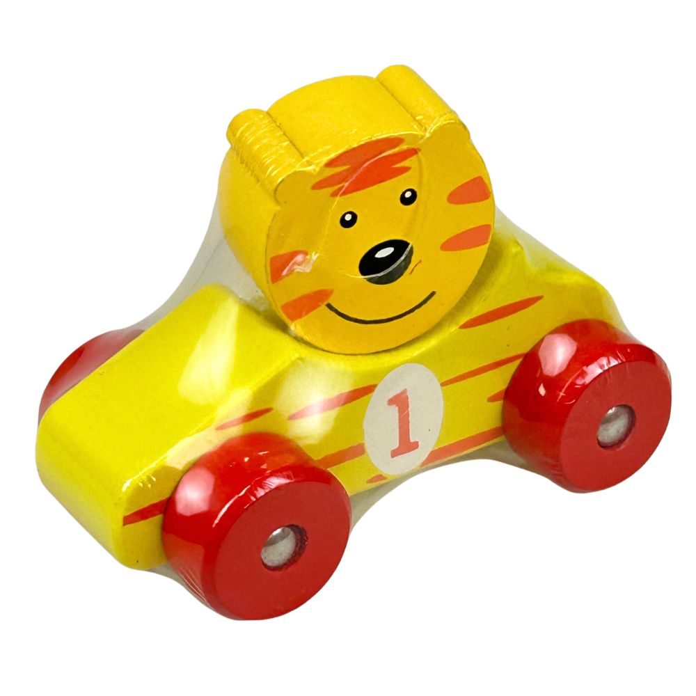 Wooden animal figurines in a car - 6 different designs - 9cm