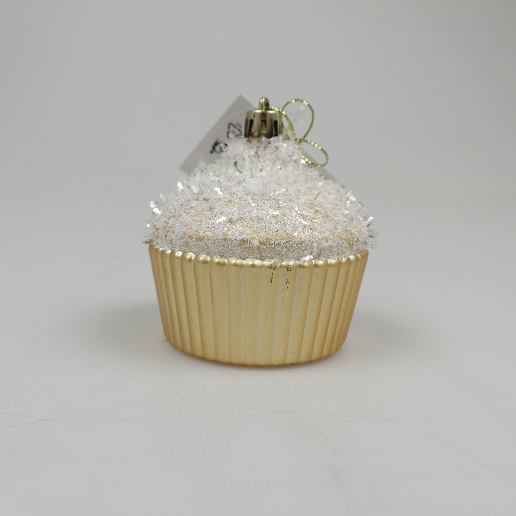Hanging muffin - approx. 7 x 7 x 7.6 cm - matt gold - glittered white
