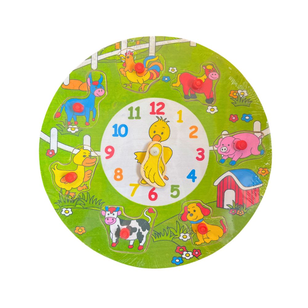Playwood Wooden Learning Clock with Puzzle – Farm Theme – 22 cm