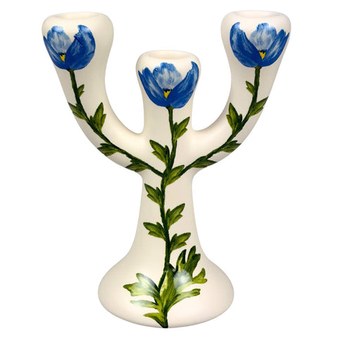Blokker - Kandelaar 3-arm - 13,5 x 9 x 18,5 cm - keramiek - blauw/wit