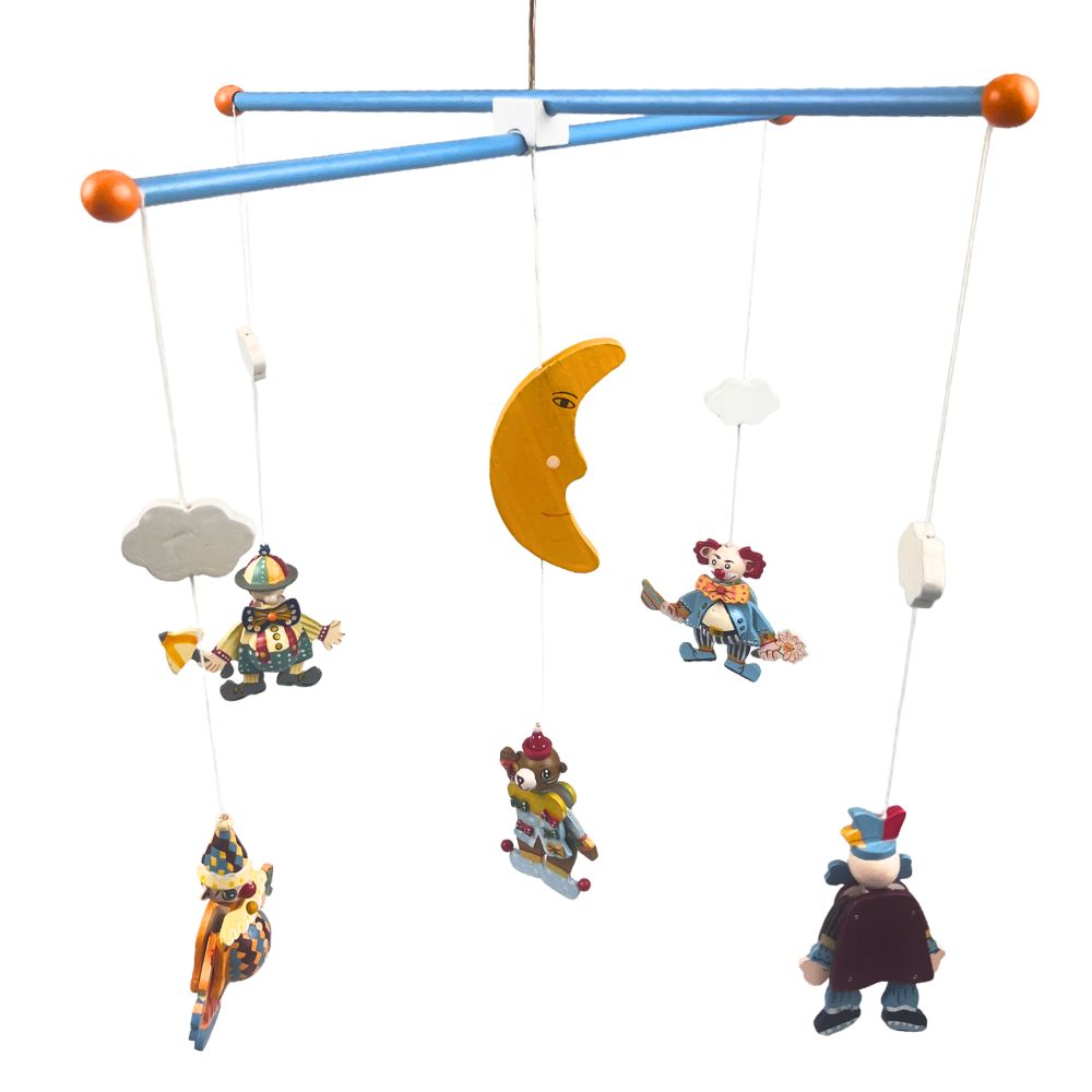 Baby-Mobile aus Holz – Clown & Mond – 24 cm
