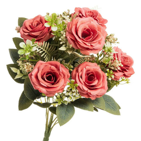 Kunstrozen, roze met bladeren - 42,5 cm