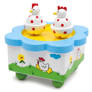 Playwood - Wooden music box with dancing chickens - 11 x 11 x 10cm