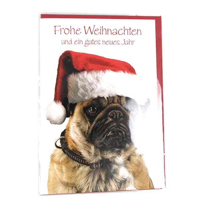 Christmas card - 11,50x17,50 cm - pug with christmas hat
