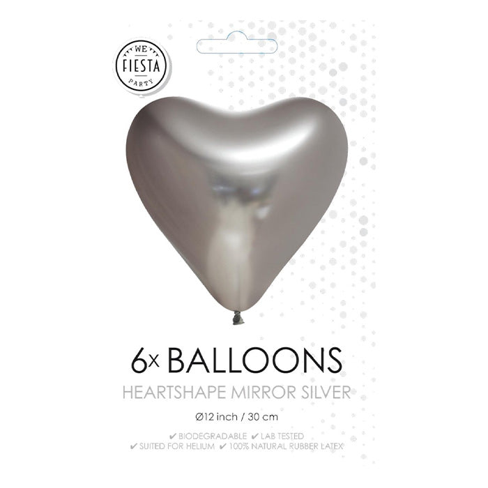 Fiësta - Ballonnen - 6st - hartvorm zilver - Ø 30cm