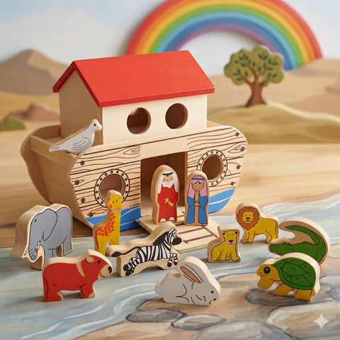 Playwood - Noah’s Ark with 9 animals and 2 figures - 21 x 11,5 x 16,2cm (LxWxH)