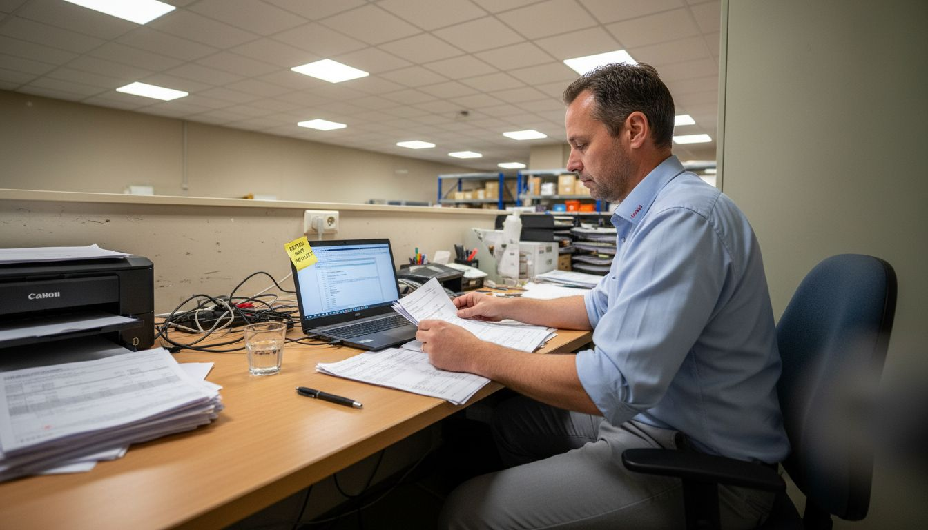 De voorraadbeheerder loopt op kantoor de voorraadlijsten na om te controleren of alles klopt.