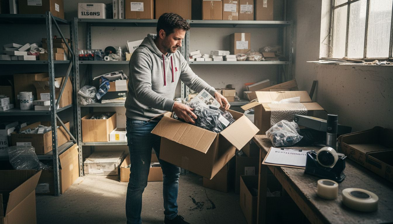 Een webshop-eigenaar die net nieuwe voorraad binnenkrijgt en deze uitpakt in zijn kleine magazijn.