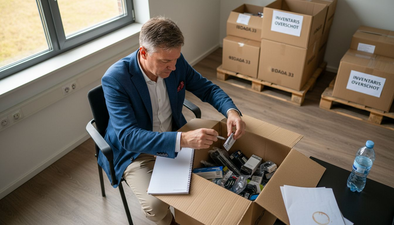 Een medewerker bekijkt de voorraad restpartijen op kantoor.