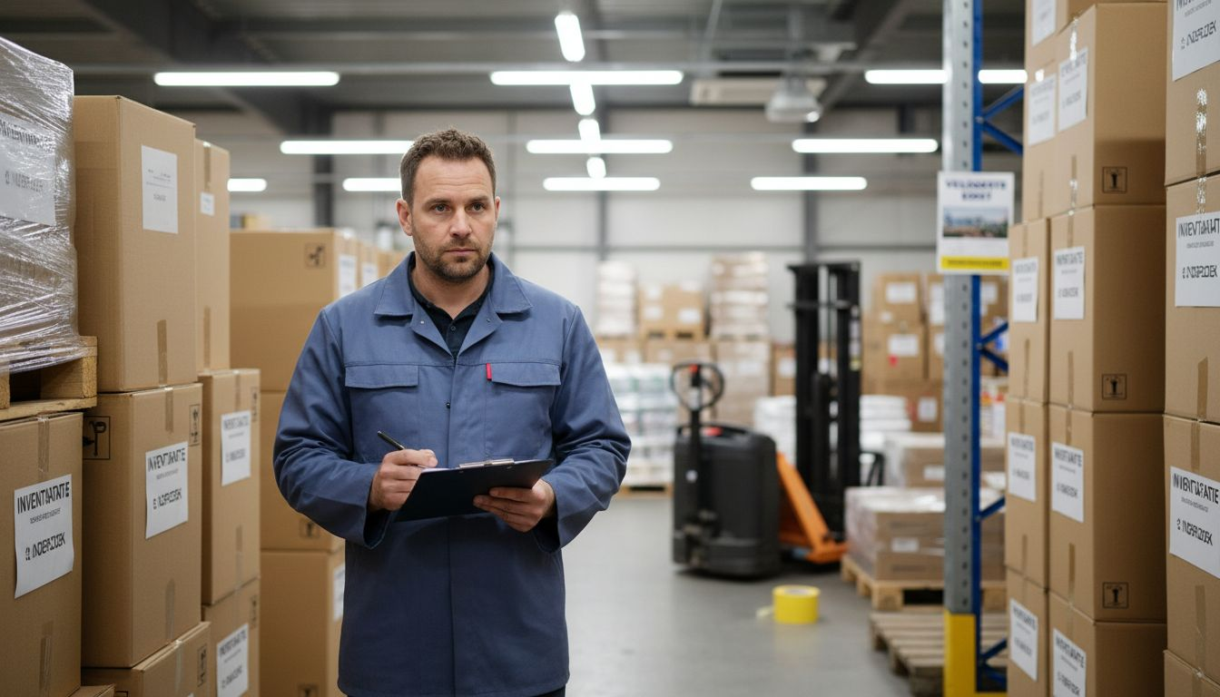 Een medewerker inspecteert de voorraad dozen in het magazijn.