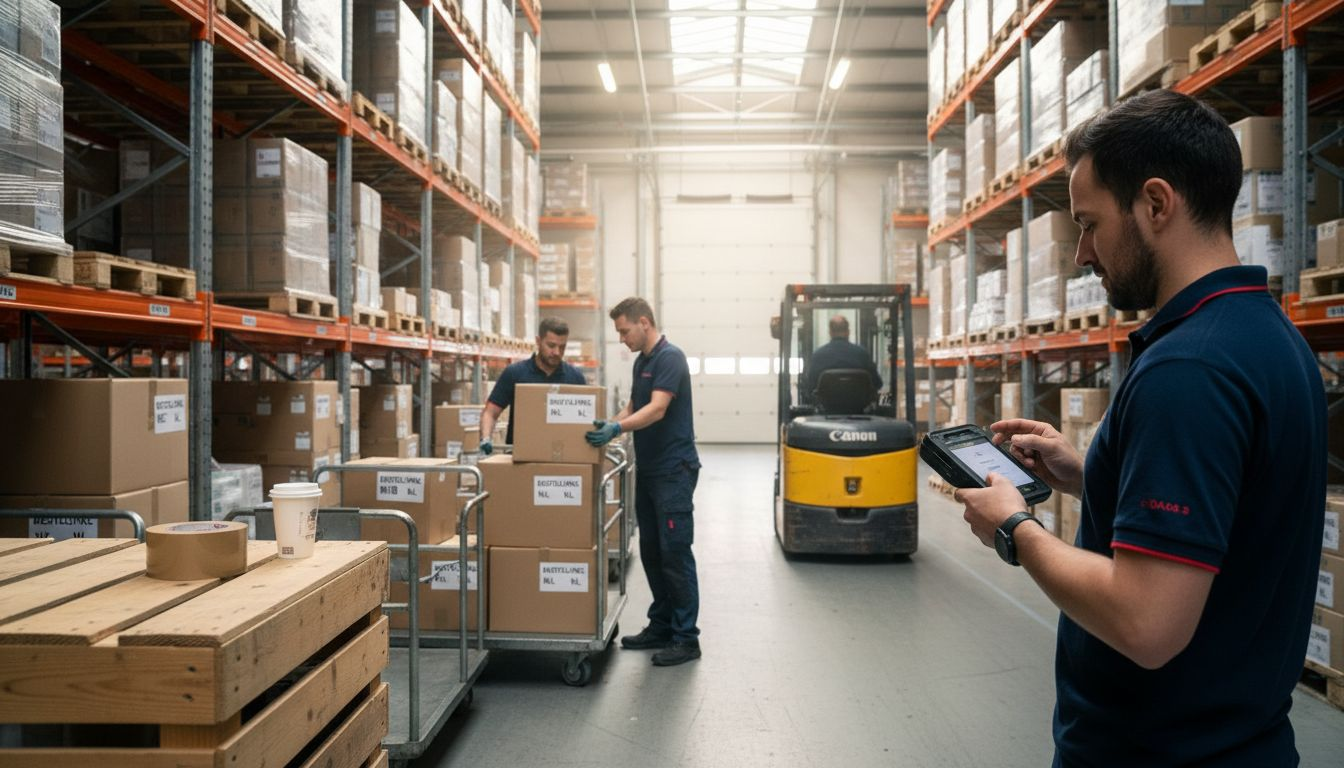 Een druk magazijn waar medewerkers bestellingen verzamelen en verwerken voor de groothandel.