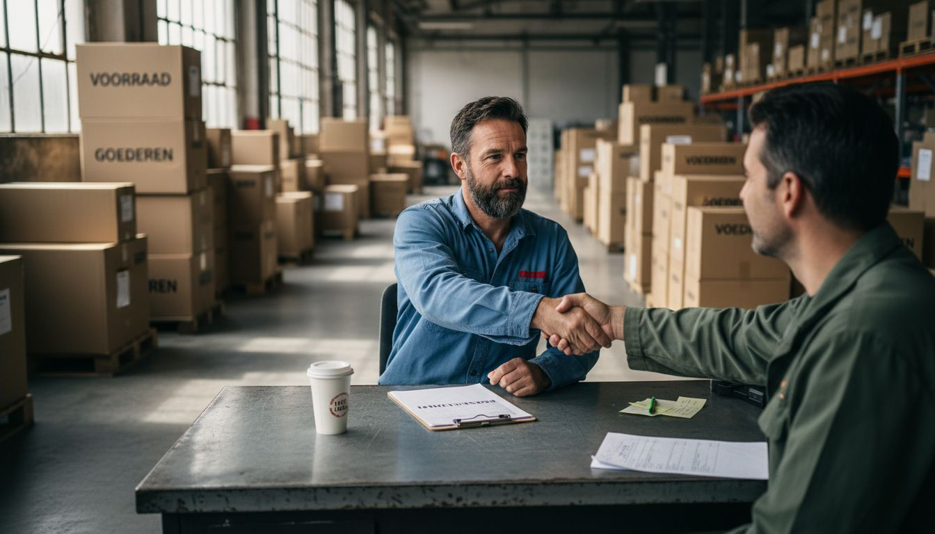 Een inkoper is in het kantoor van het magazijn druk bezig om een deal te sluiten.