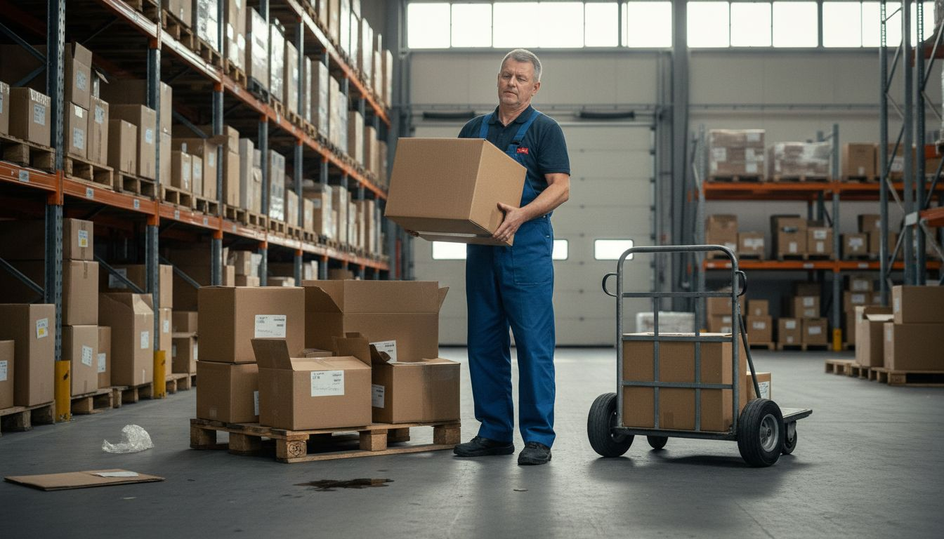 In het magazijn is een medewerker bezig met het sorteren van dozen uit een restpartij.