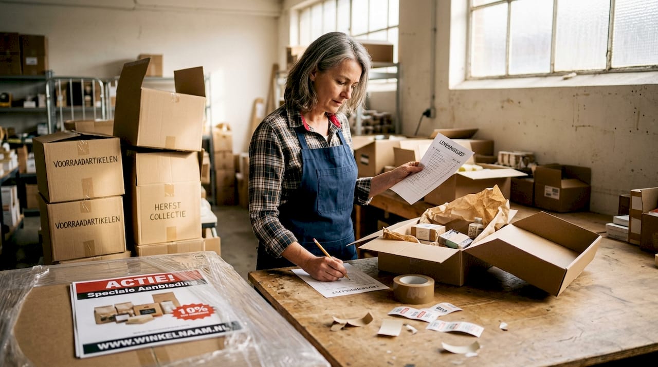 A shopkeeper walks through the warehouse to check the stock.