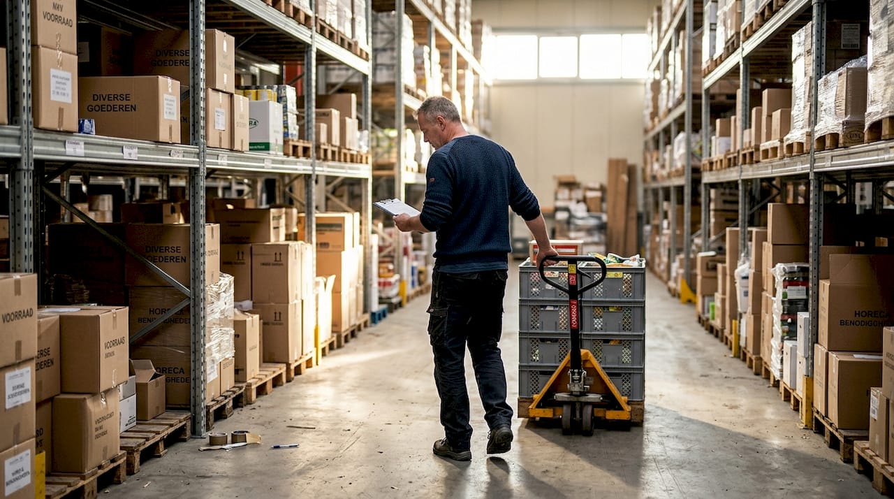 Lagerarbeiter bei der Arbeit mit einem Hubwagen im Lager